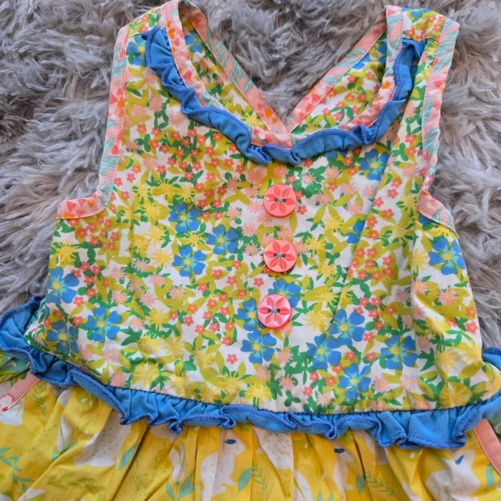 WILDFLOWERS Girls Floral Bunny Print‎ Sleeveless Dress Yellow Blue Ruffle Trim